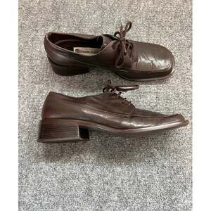 Vintage Etienne Aigner Brown Leather Square Toe Block Heel Y2K Oxfords Size 8